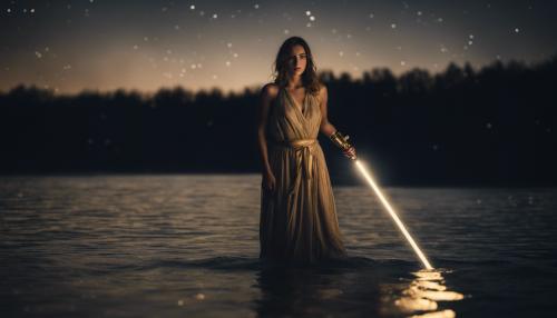 Beautiful girl emerging from river at night under the stars holding a gold lightsaber 