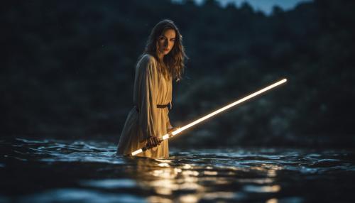 Beautiful girl emerging from river at night under the stars holding a gold lightsaber 