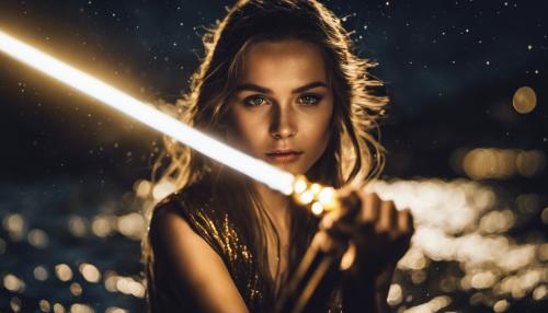 Beautiful girl emerging from river at night under the stars holding a gold lightsaber 