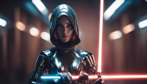 cybernetic female android posing in the center holding two lightsabers