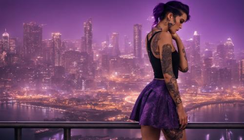 tattooed girl in skirt with lit up purple city behind her