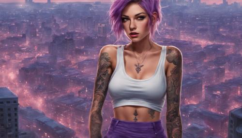 tattooed girl in skirt with low cut shirt and a purple city behind her