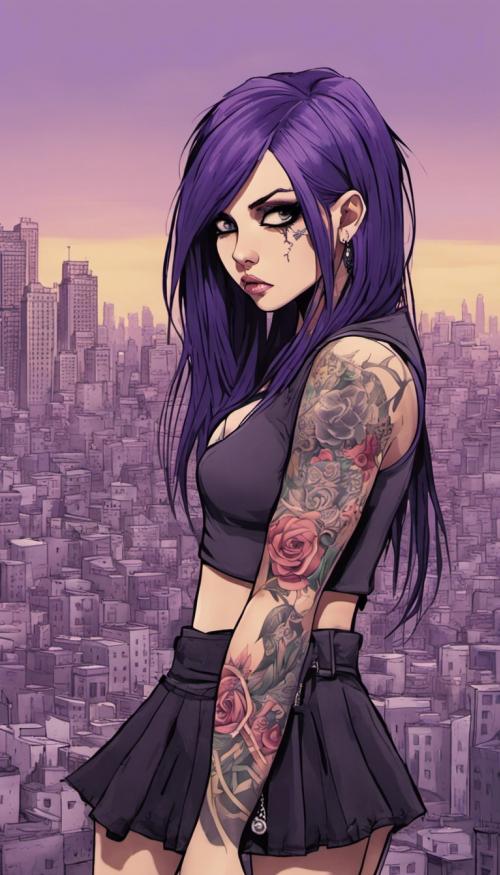 tattooed emo girl with long black hair wearing a skirt and a very low cut shirt and has big tatas and a purple city behind her and all of her big tata emo friends next to her