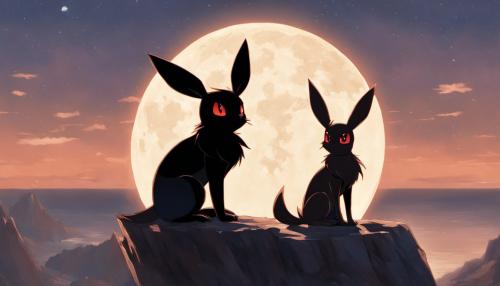 Pokemon eevee and umbreon sitting in front of the moon on a cliff edge