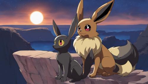 Pokemon eevee and umbreon sitting in front of the moon on a cliff edge