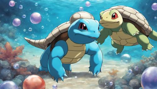 Pokemon squrtle and blastoise swimming along the ocean floor with bubbles 