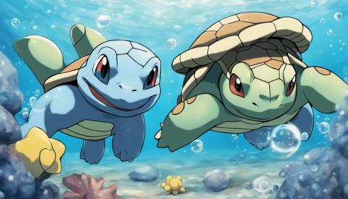 Pokemon squrtle and blastoise swimming along the ocean floor with bubbles 