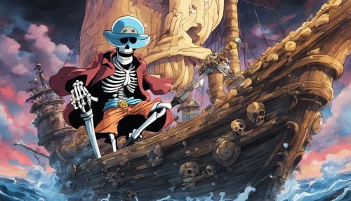 one piece brook skeleton with his sword on his ship