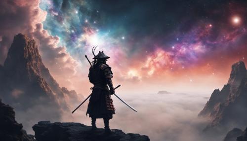 Samurai warrior standing on the edge of an abyss staring into the distance watching a giant hand emerge from a galaxy filled sky