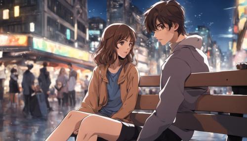 a brown haired boy sat next to a brunette girl on a bench. the girl is looking into the distance somewhere. the boy is looking at the girl. they are in a crowded place but the background is blurred.