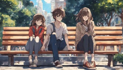 a brown haired boy sat next to a brunette girl on a bench. the girl is looking into the distance somewhere. the boy is looking at the girl. they are in a crowded place but the background is blurred.