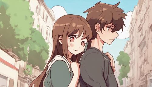 cartoony style anime. two people are in love. both have brown hair