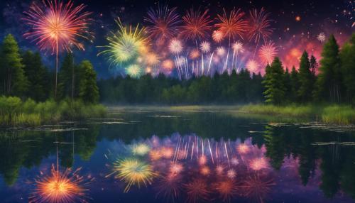 Amazing colorful fireworks, night sky. The fireworks reflected on a pond which is surrounded by a forest.