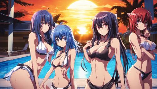 akeno, rias, konkeko, kuroka, and xenovia from highschool dxd. In bikini at pool. looking at front view. neon sunset