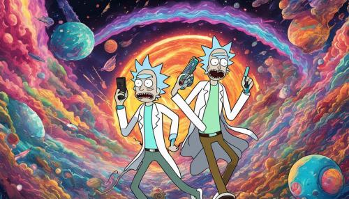 Rick and Morty whirlin through space in trippy vivid colors