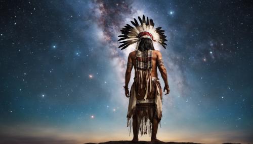 Native american indian chief standing with arms open looking towards the galaxy filled skies