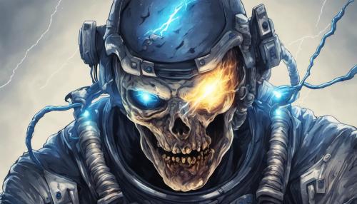 Astronaut zombie with glowing blue eyes holding a blue lightning bolt, HD, 