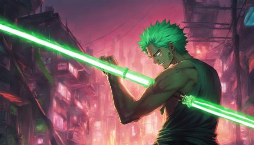 One piece zoro holding a neon green light saber