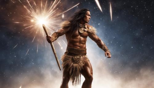 Polynesian warrior walking through meteor shower, perfect detail, high definition 