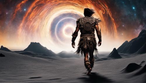 Polynesian warrior walking towards breathtaking space and black hole, perfect picture, high definition