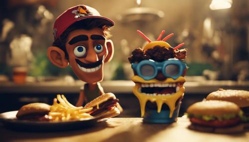 Crash bandicoot de frente con una gorra hacia atras comiendo una gran hamburguesa y neo cortex cocinando detras de él