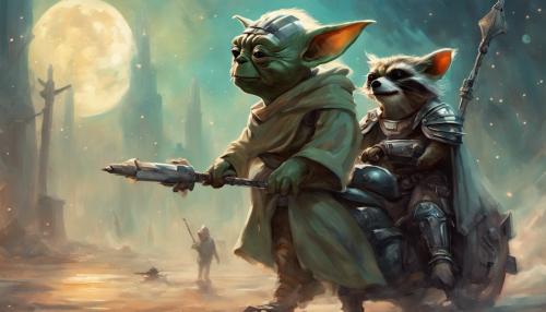 Yoda with knight armor rides a racoon