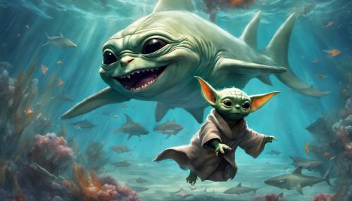 Baby yoda smash a shark under the sea