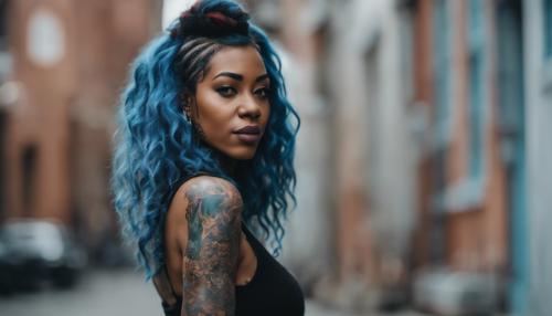 Curve black woman with tattoos and blue hair