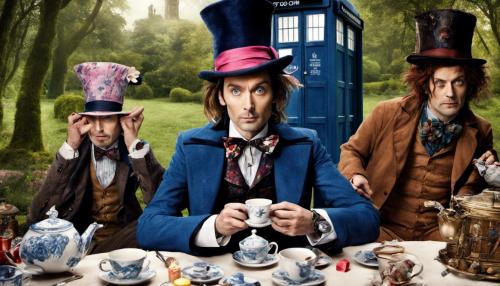 David Tennant doctor who and the mad hatter johnny depp having a tea party in wonderland with the tardis police box in the background