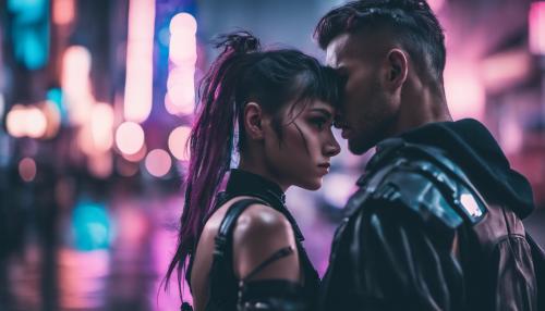  cyberpunk boyfriend protecting ddlg girlfriend standing in cyberpunk city