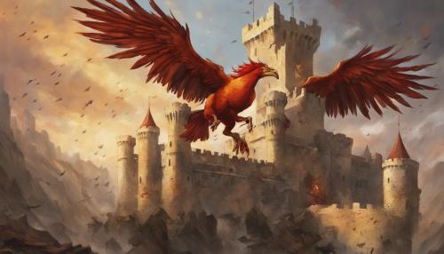 A pheonix battling a pegasus over a castle lined with fully armoured gaurds.