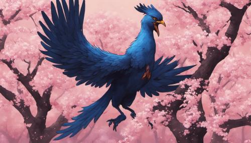 A blue pheonix swooping a grounded black peggasus that is defending itself in a cherry blossom field. 