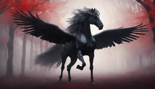 A menacing black pegasus with red eyes emerging out of the fog, flanked by trees. 