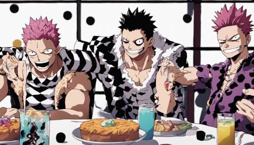 Marco, katakuri and king from onepiece having a party looking at front. 