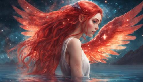 galaxy water reflecting cute girl,star eyes, tail, wings, red hair. 