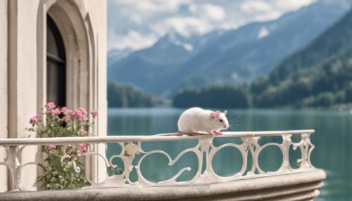 using licence free images create beautiful backdrop of a art deco balcony overlooking a lake in Northern Italy. with a  small white mouse hiding.