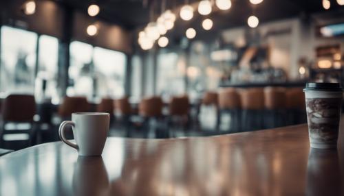 create zoom backdrop using licence free artwork , coffee shop futuristic interior, chrome trim and white walls, no people in cafe, closing time.