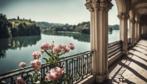 use licence free artwork to create beautiful art deco Italian Balcony overlooking a lake, with water flower's in the midfield of picture.