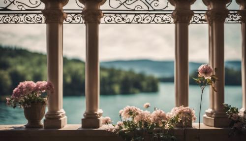 use licence free artwork to create beautiful art deco Italian Balcony overlooking a lake, with water flower's in the midfield of picture.