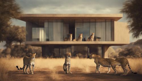 use Licence free artwork create African savanna, with wild cats roaming free in the background. In the foreground exterior of modern villa.