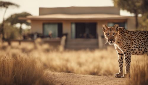 use Licence free artwork create African savanna, with wild cats roaming free in the background. In the foreground exterior of modern villa.