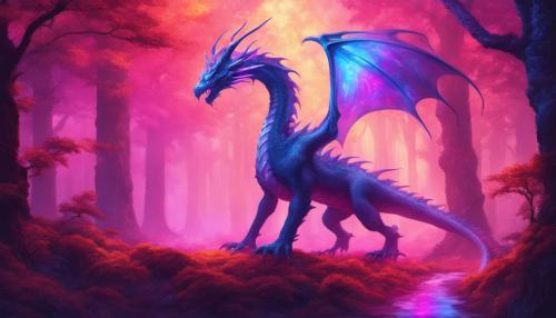 Dragon walking in neon glowing forest