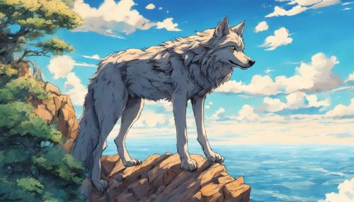 Wolf on cliff blue sky