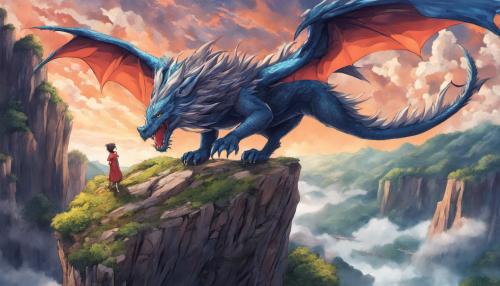 Dragon flying over wolf on cliff