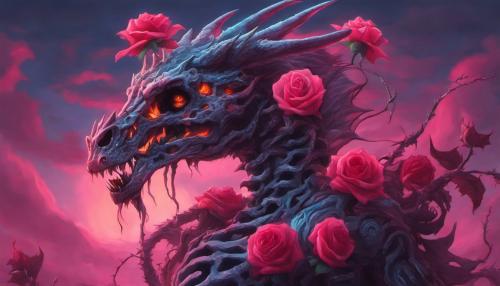 Neon dragon skeleton holding roses