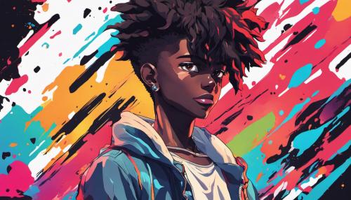 black anime character with colorful background