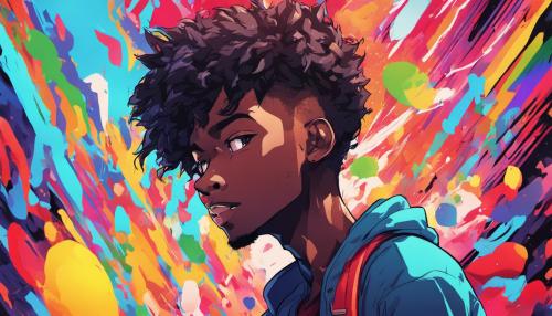 black anime character with colorful background