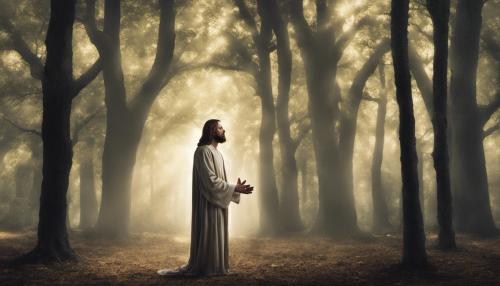 Jesus praying standing in dark oak forest