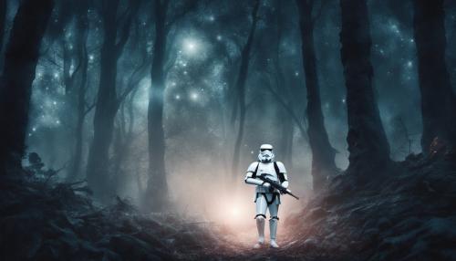 Scared Stormtrooper in dark forest at Midnight