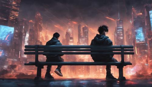 Crazy flashes of light through the sky, Cyberpunk city night, guy with black hair sitting on the bench